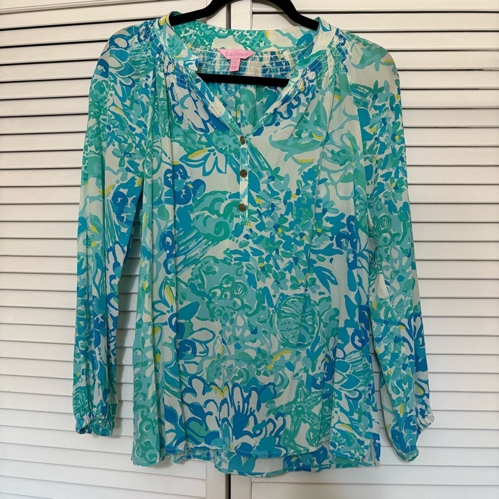 Lilly Pulitzer Aqua and Teal Floral Blouse